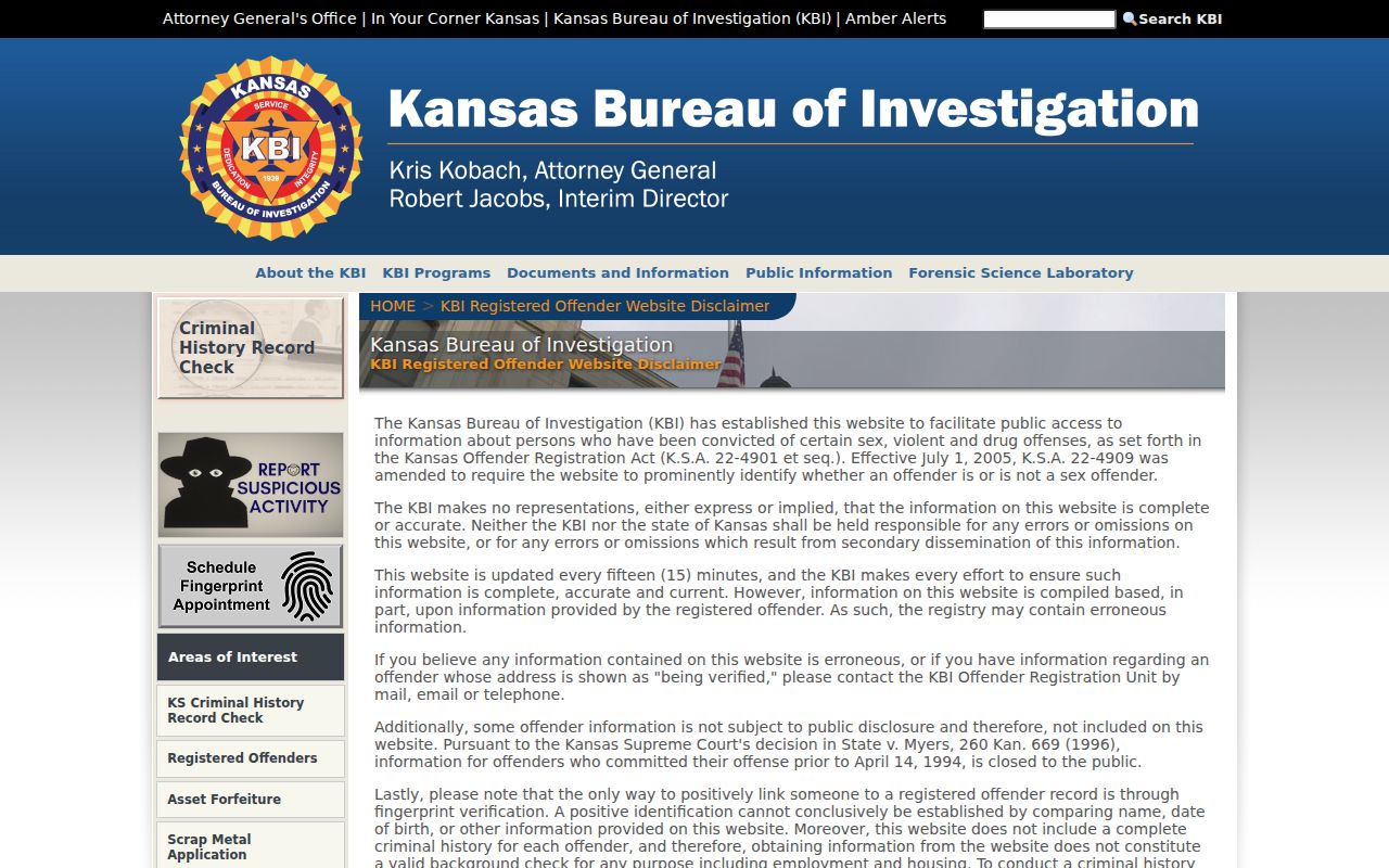 Kansas arrest records KBI registered offender search gateway