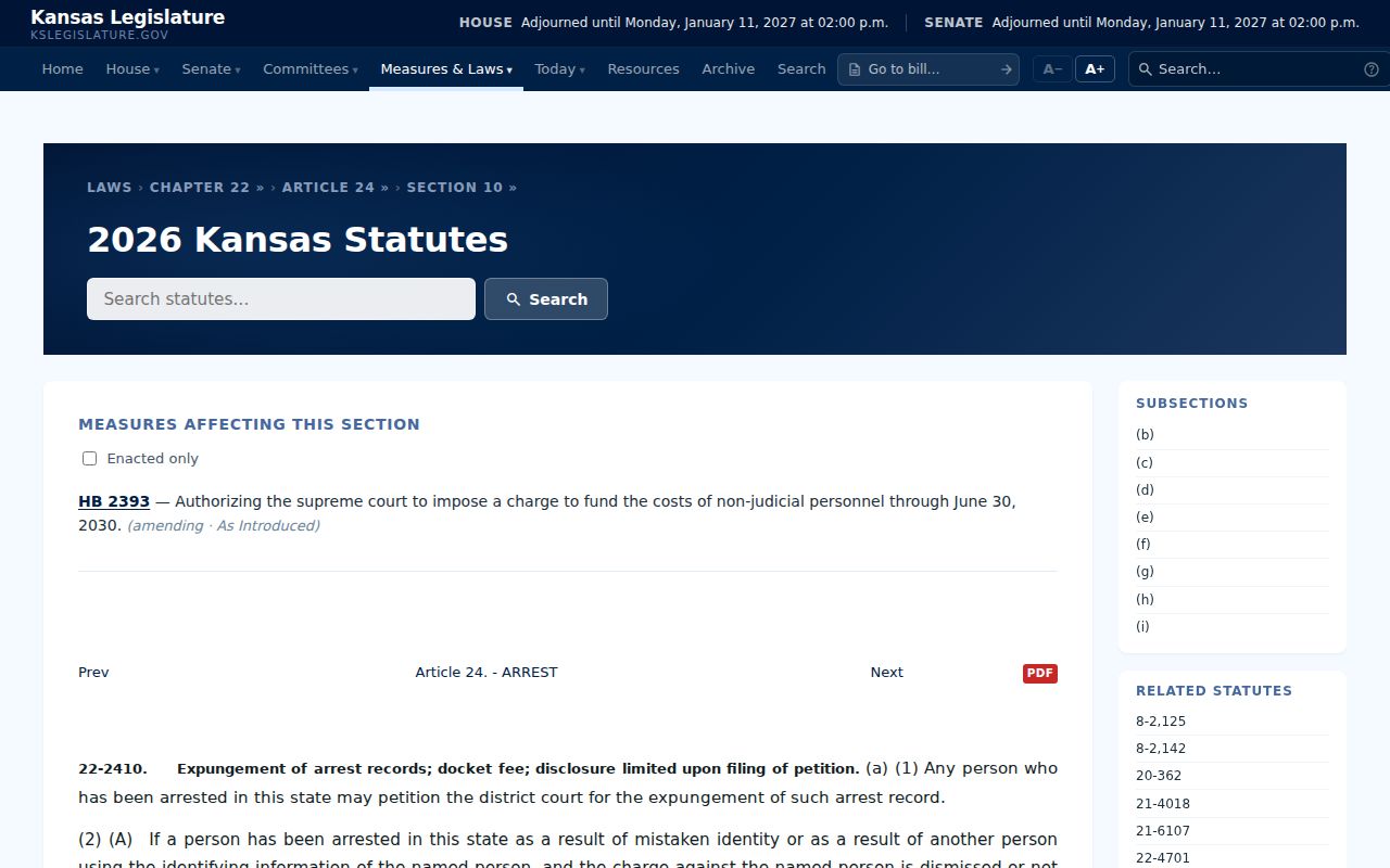 Kansas criminal court records arrest expungement statute K.S.A. 22-2410