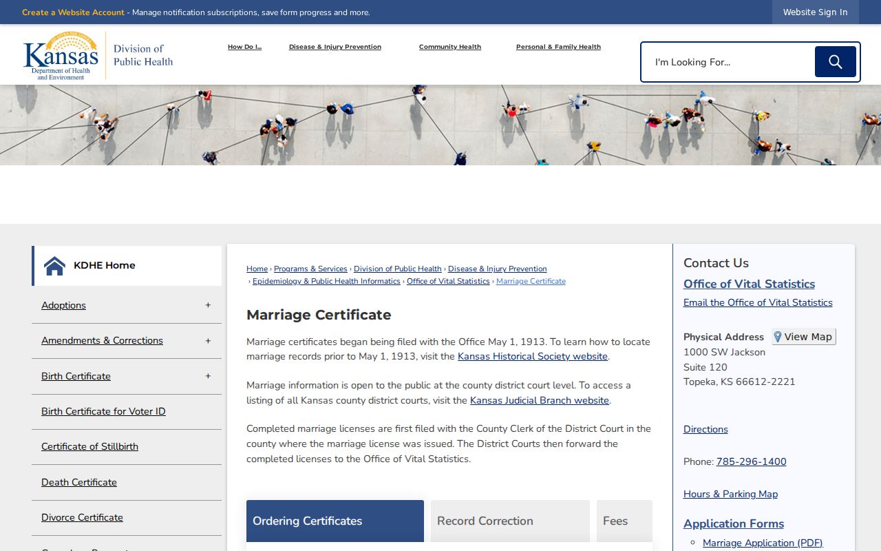 Kansas marriage records certificate ordering channels