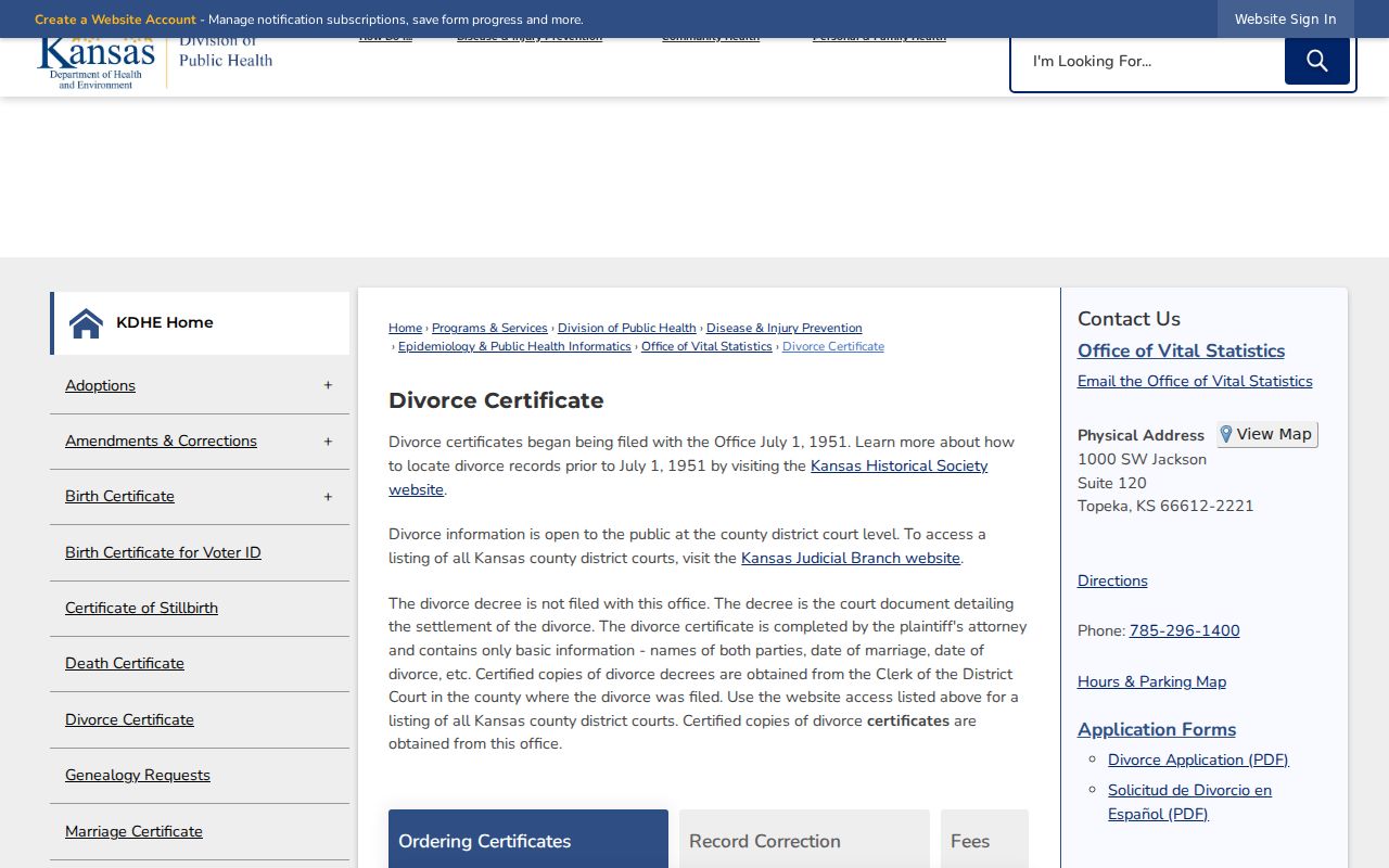 Kansas divorce records certificate ordering methods