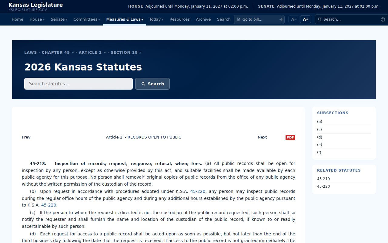 Kansas warrant records K.S.A. 45-218 public request response law